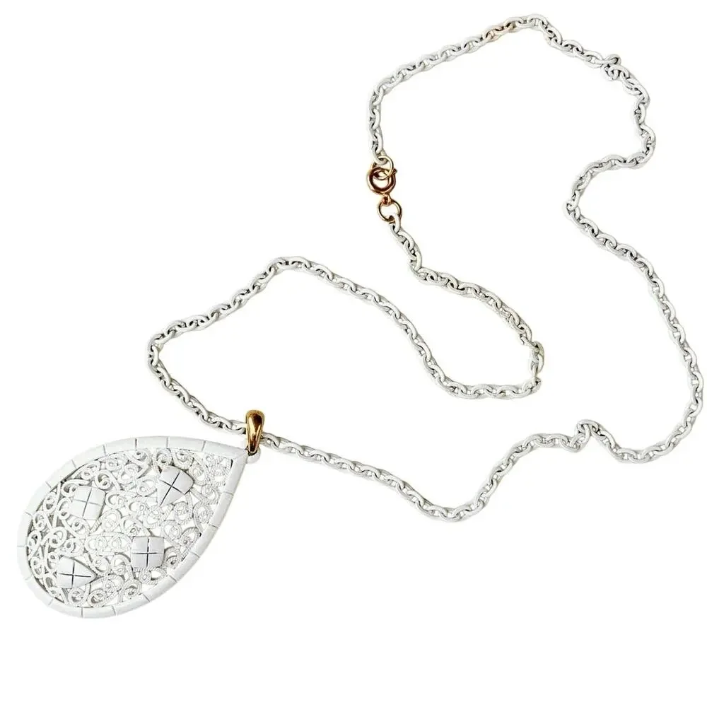 VTG 1960s 1970s Pendant Necklace White Enamel Filigree Mod Statement Jewelry
